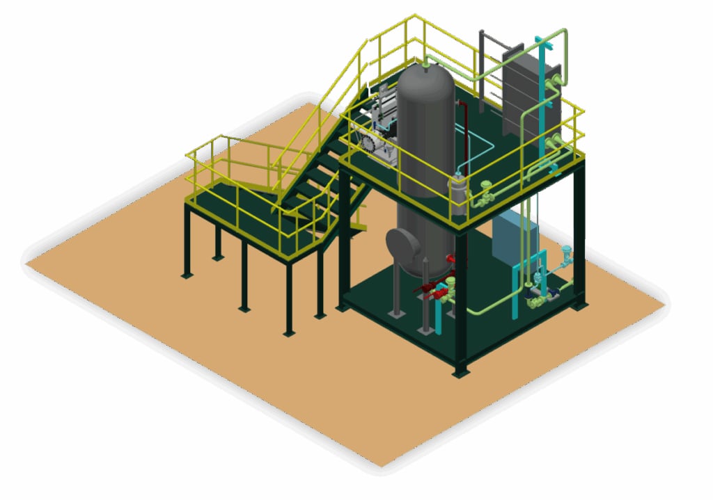 3D rendering of an ActiveSite industrial production system with reactor vessel, piping, controls, and access platform.