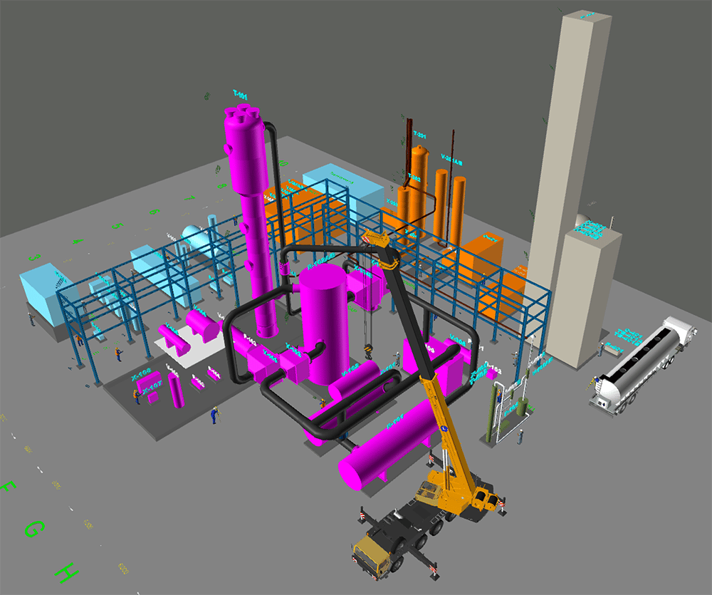 3D engineering model of a commercial flow reactor system showing industrial reactors, processing vessels, interconnected piping, structural platforms, and a crane used for equipment installation.