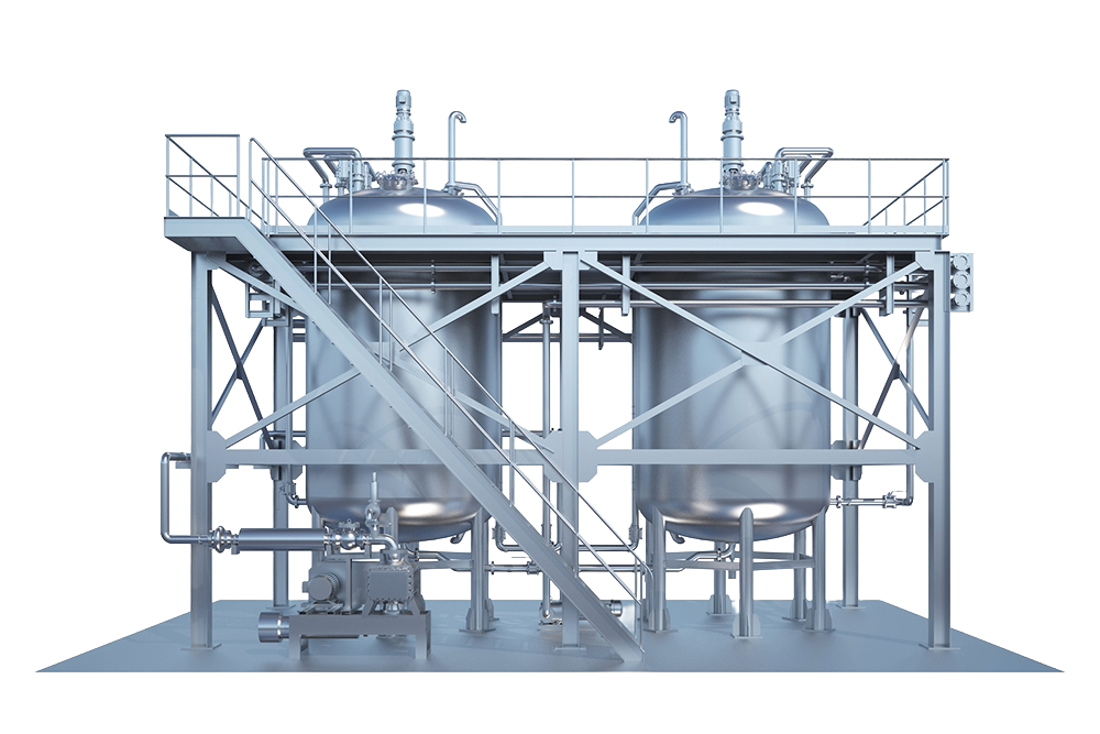 Commercial reactor system featuring two stainless steel industrial reactor vessels with piping, platforms, and support structures.