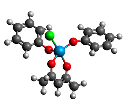 3D ball-and-stick molecular simulation model showing a central metal atom coordinated with organic ligands, illustrating molecular structure and chemical bonding.