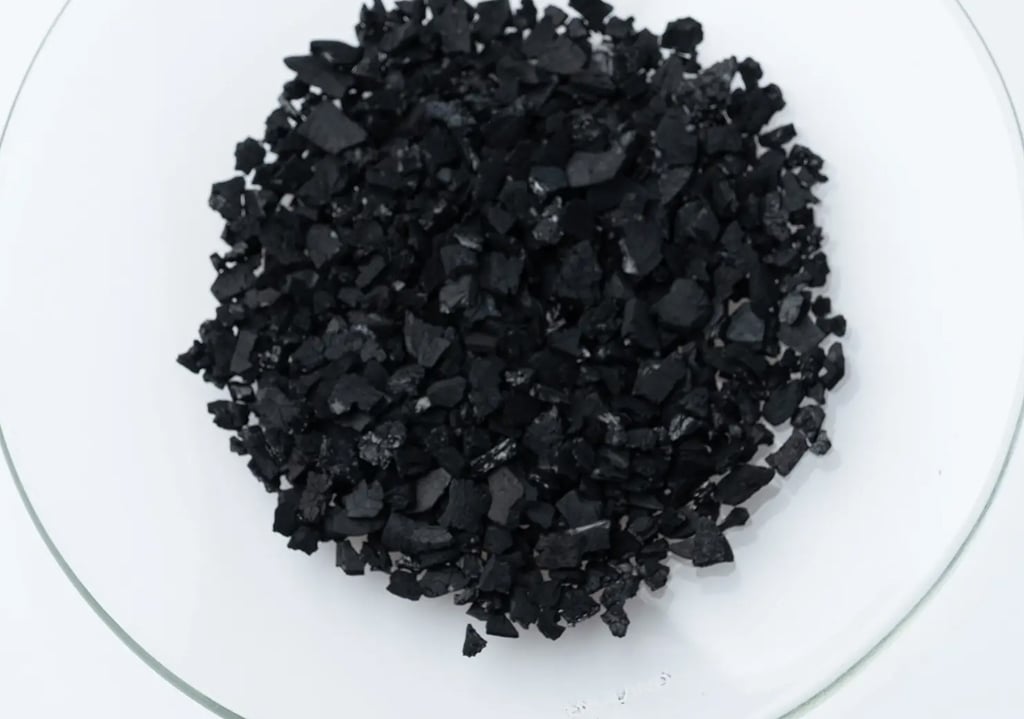 A small pile of black granular activated carbon catalyst particles on a clear watch glass.